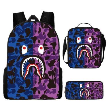 Imagem de Conjunto de mochilas escolares Colorful Shark, 3 peças para crianças -