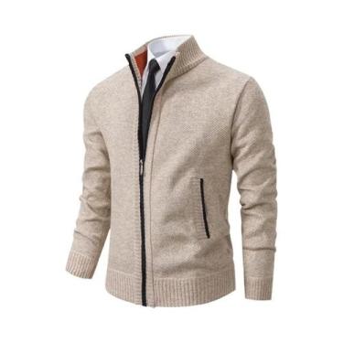 Imagem de Cardigã Masculino De Fleece Quente Com Zíper, Cor Sólida, Gola Alta, C