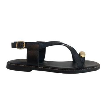 Imagem de Sandália Rasteira em Couro Preta Tiras de Dedo Dourado Boho-Feminino