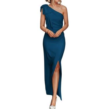 Imagem de Vestido PRETTYGARDEN Ombro Único Bodycon Franzido Azul Escuro XL