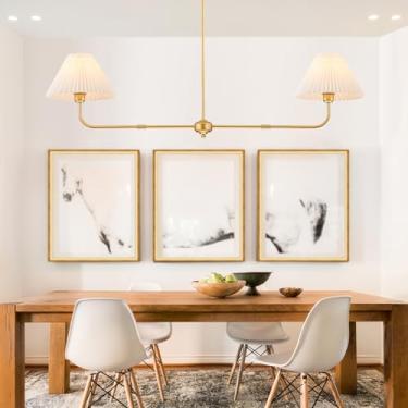 Imagem de FIYUEOYI Lustre Linear Dourado, Lustre Moderno De 2 Luzes Para Sala De Jantar Luminária, Luminárias De Jantar Com Abajur De Tecido Branco Luzes Pendentes Ilha De Cozinha Para Restaurante, Sala De Es