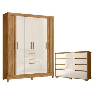 Imagem de Guarda Roupa Solteiro e Cômoda Malta Georgia 7 Portas Giratórias 10 Gavetas MDP Freijó...