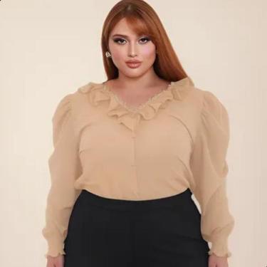 Imagem de Blusa Feminina Plus Size Manga Longa Gola V Rendinha Babado - G-Store,