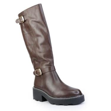 Imagem de Bota Lia Line Couro Marrom Cano Longo, Marrom, 38