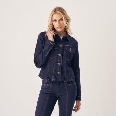 Imagem de Jaqueta Jeans Confort Cropped Bolsos e Lapelas - Bloom, Azul escuro, 4