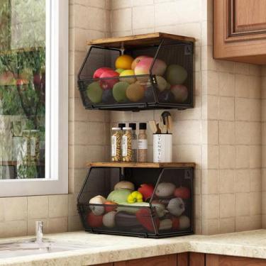 Imagem de 2 Peças Fruteira de Mesa e Parede, Cesta de Frutas com Tábuas, Suporte