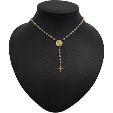 Imagem de Colar Gravatinha Pérola Terço São Bento Noiva F. Ouro 18k - De Castro 