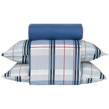 Imagem de Jogo de Cama King Santista 100% Algodão - Royal Madras Azul 4 Peças, A