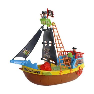 Imagem de Brinquedo Infantil Barco Pirata Repleto de Detalhes com Bonecos Espadas Canhão Âncora Timão Redes Prancha Rodinhas Maral