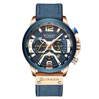 Imagem de Relógios masculinos, relógios relógio de pulso analógico calendário de quartzo para homens, moda impermeável relógio com pulseira de couro (Ouro rosa/azul)