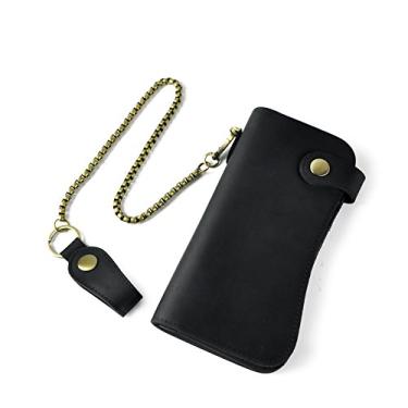 Imagem de Le'aokuu Carteira masculina de couro genuíno dobrável com corrente de ferro, 04 1088 The Black, Medium, Carteira dobrável