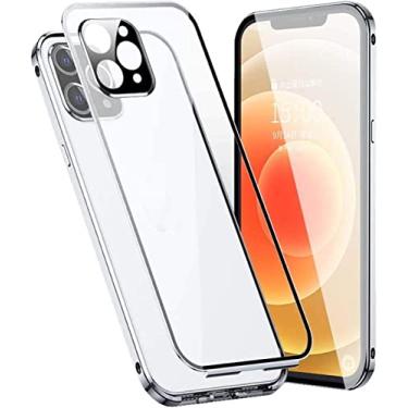 Imagem de HAODEE Capa para Apple iPhone 12 Pro (2020) 6,1 polegadas, adsorção magnética transparente dupla face vidro temperado capa de telefone HD, moldura de pára-choques de metal (cor: prata)