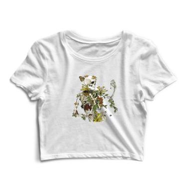 Imagem de Blusa Blusinha Cropped Tshirt Camiseta Feminina Caveira Planta Flores