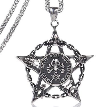 Imagem de Colar masculino de aço inoxidável Pentagrama Pentacle Star com estampa de caveira Masonic Evil Eye Colar com pingente da FIZIZDH, corrente de elo de quilha de 61 cm