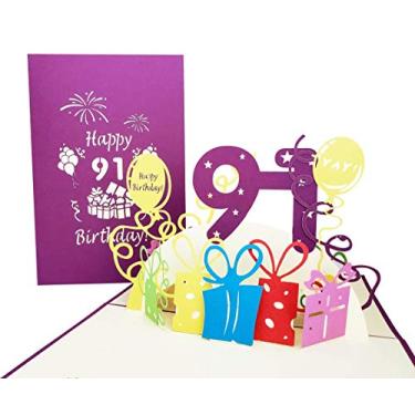 Imagem de iGifts And Cards Feliz aniversário de 91 anos com presentes cartão pop-up 3D – Noventa e um, incrível, balões, único, celebração, legal, Feliz Cumpleaños