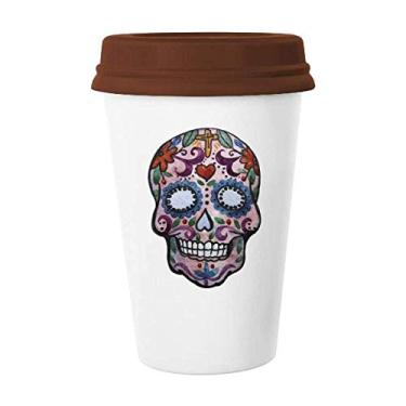 Imagem de Caveira roxa com ilustração da cultura nacional do México, caneca de cerâmica para copo de café