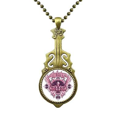 Imagem de DIYthinker Graffiti Street Colar com estampa de caveira rosa com estampa de relógio de guitarra antiga com pingente de música