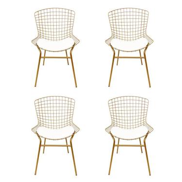 Imagem de Kit 4 Cadeiras para Cozinha Bertoia cor Dourado Fosco assento branco tubular