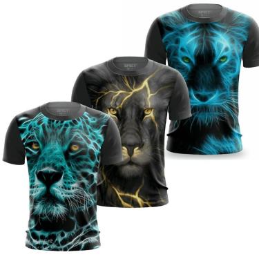 Imagem de Kit 3 Camisa Estampada Animais 3D Camiseta de Onca Leao Juda Tigre Azul Neon-Masculino