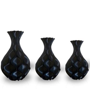 Imagem de kit 3 vasos Jarros decorativos Modernos De Plantas Artificiais - Modelo Jarro Ondulado (Preto)