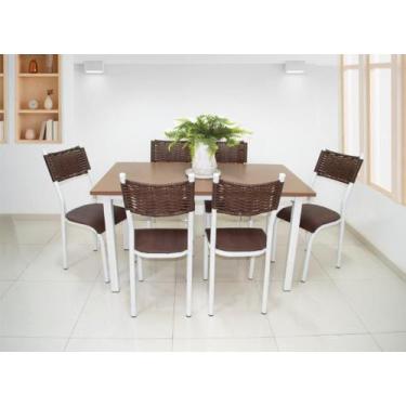 Imagem de Mesa De Jantar Aço Cozinha Com 6 Cadeiras Encosto De Junco Modelo Liz