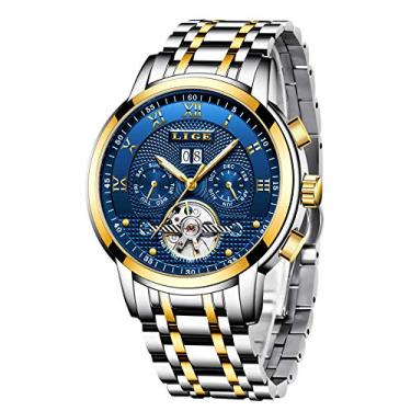 Imagem de LIGE Relógio masculino de alta marca de luxo prata automático mecânico relógio masculino à prova d'água relógio de pulso de aço completo esportivo casual azul relógio redondo, Dourado,