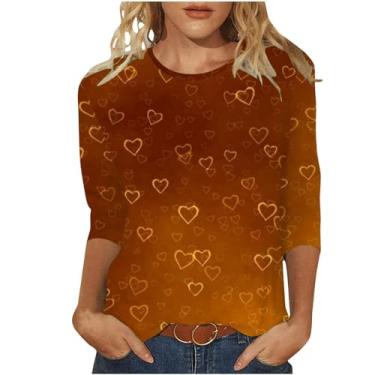 Imagem de Camisas de Dia dos Namorados para Mulheres Blusa de Manga 3/4 Love Heart Graphic Print Shirt Spring Tops Camisetas para Mulheres, Laranja, M