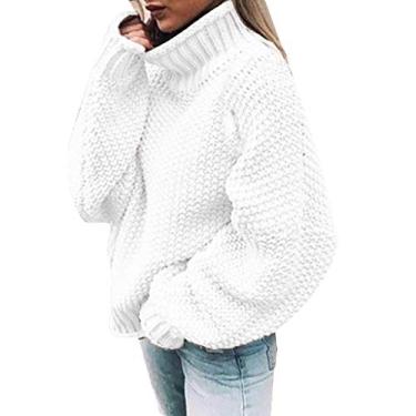 Imagem de Howstar Suéter feminino 2023 outono gola tartaruga sólido manga longa pulôver de malha grande casual solto suéter grosso tops, Z1 - Branco, P