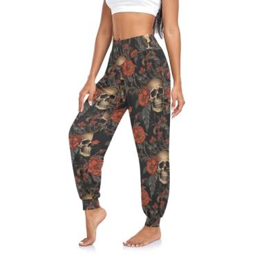 Imagem de CHIFIGNO Calça feminina de ioga harém de cintura alta para jogger atlética calças largas, Crânios dourados e flores vermelhas, GG