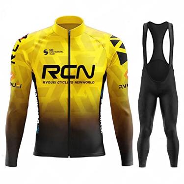 Imagem de Outono Inverno Ciclismo Jersey Ao Ar Livre Térmico Fleece Bicicleta Meia-calça Zíper Completo À Prova de Vento Bicicleta de Estrada Manga Longa Bib Pants, Amarelo, PP (160 CM/53 KG)