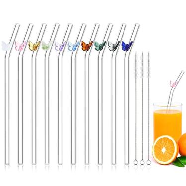 Imagem de Canudos de vidro com design, 10 peças de canudo de vidro reutilizável, 8 mm x 8,9 cm, borboleta colorida em canudo de vidro curvado com escova de limpeza para smoothie e coquetéis, acessórios para coquetéis e bebidas