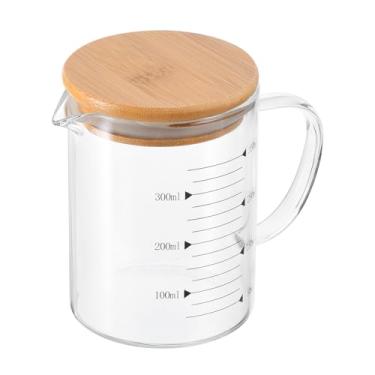 Imagem de PATIKIL Copo medidor de vidro de 350 ml, copo de vidro borossilicato 3,3 graduado preto impresso em escala líquida, copo com tampa de madeira e bico em forma de V para cozinha
