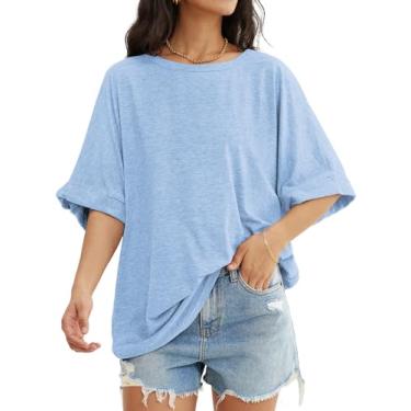 Imagem de ATHMILE Camisetas grandes para mulheres, caimento solto, gola redonda, manga curta, blusa casual de verão 2024 Y2K, Azul gelo, M