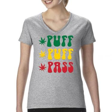 Imagem de Camiseta feminina Puff Puff Pass gola V 420 Weed Lover Pot Leaf Smoking Marijuana Legalize Cannabis Funny High Pothead Tee, Cinza, GG
