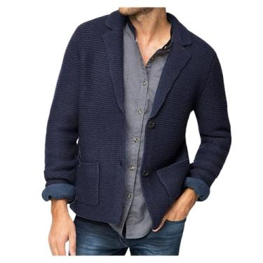 Imagem de Suéter masculino de malha com gola de lapela cardigã cor sólida suéter de botão manga longa casual, Azul-escuro, 3G