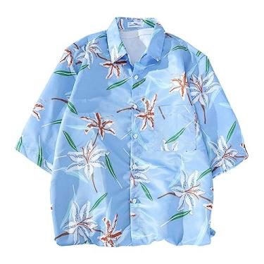 Imagem de Camiseta masculina estampa floral manga curta moda casual férias praia camiseta amigável para a pele, Azul claro, G