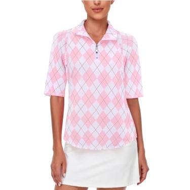 Imagem de Camiseta feminina de golfe Misyula de secagem rápida, meia manga, zíper e um quarto, camiseta de tênis M-3GG, Xadrez rosa, 3G