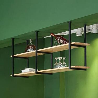 Imagem de Prateleira de teto suspensa prateleiras flutuantes decoração expositor de flores/plantas, cozinha doméstica bar pote pan rack suporte para vinho - prateleiras de madeira + unidade de pratele