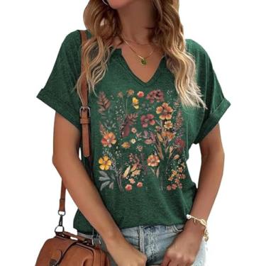 Imagem de Camiseta feminina vintage com estampa de flores e gola V, estampa de flores boêmias, casual, botânica, manga curta, Verde - 1, P