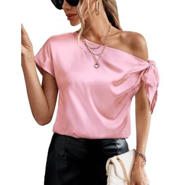 Imagem de AISWI Blusas femininas 2024 de cetim com ombro de fora, elegante, casual, manga curta, gola assimétrica, camisas de seda, Rosa claro, XXG