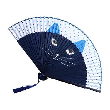 Imagem de Vctitil Ventilador de mão para mulheres, dobrável, com estampa de gato de desenho animado, ventiladores dobráveis decorativos para festa de casamento, decoração de dança (azul)