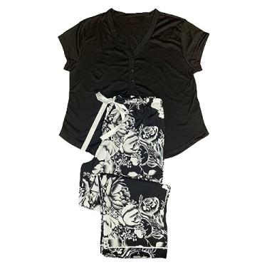 Imagem de Conjunto de pijama de verão de 2 peças para mulheres, camisetas grandes de algodão e estampa floral, roupa de dormir de perna larga, traje de treino plus size, Preto, 3G