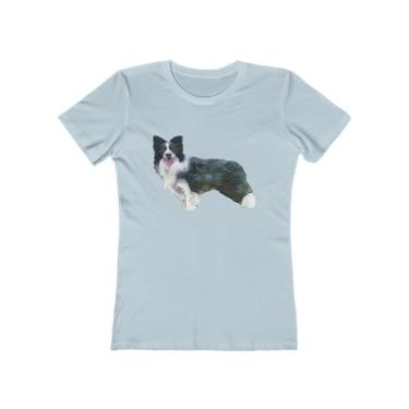Imagem de Border Collie 'Andrew' - Camiseta feminina de algodão fiado em anel, Azul claro liso, XXG