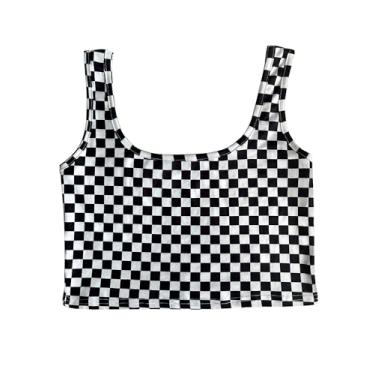 Imagem de WSPLYSPJY Camiseta regata feminina plus size preta e branca com estampa xadrez, Xadrez preto e branco, GG