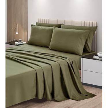 Imagem de Chezmoi Collection Jogo de cama King de 6 peças verde-oliva - Lençol de microfibra escovada respirável extra macio com bolso profundo de 38 cm e 4 fronhas
