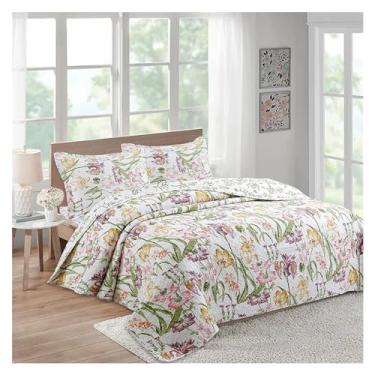 Imagem de Jogo de cama de 3 peças, colcha de cama xadrez com estampa floral de pelúcia bordada macia, colcha de cama king size queen size (D 230 x 250 cm)