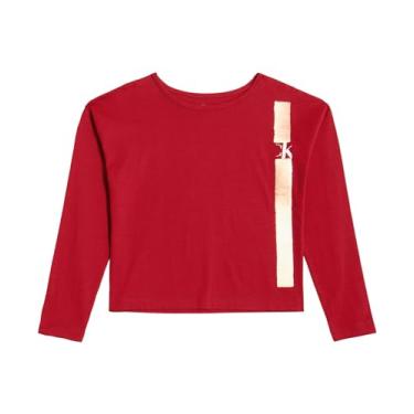 Imagem de Calvin Klein Camiseta de manga comprida para meninas, estilo pulôver com gola redonda, detalhes do logotipo, Ruibarbo Vertical, 12-14