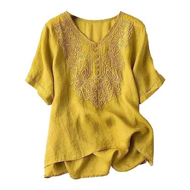 Imagem de Blusa feminina de verão, manga curta, algodão, linho, vintage, mexicana, bordada, casual, gola V, tamanho grande, Amarelo, 3G