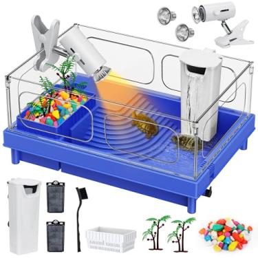 Imagem de Geegoods Kit de tanque de tartaruga, kit inicial de tanque de tartaruga pequena azul, aquário de tartaruga com luz, filtro, pedras coloridas, pincel e planta pequena