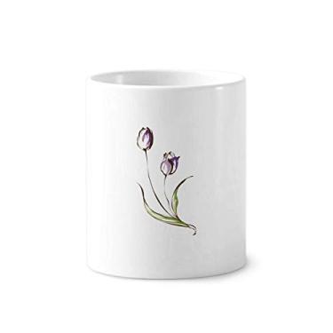 Imagem de Porta-caneta de flor roxa tulipa verde escova de dentes caneca branca copo de cerâmica 355 ml